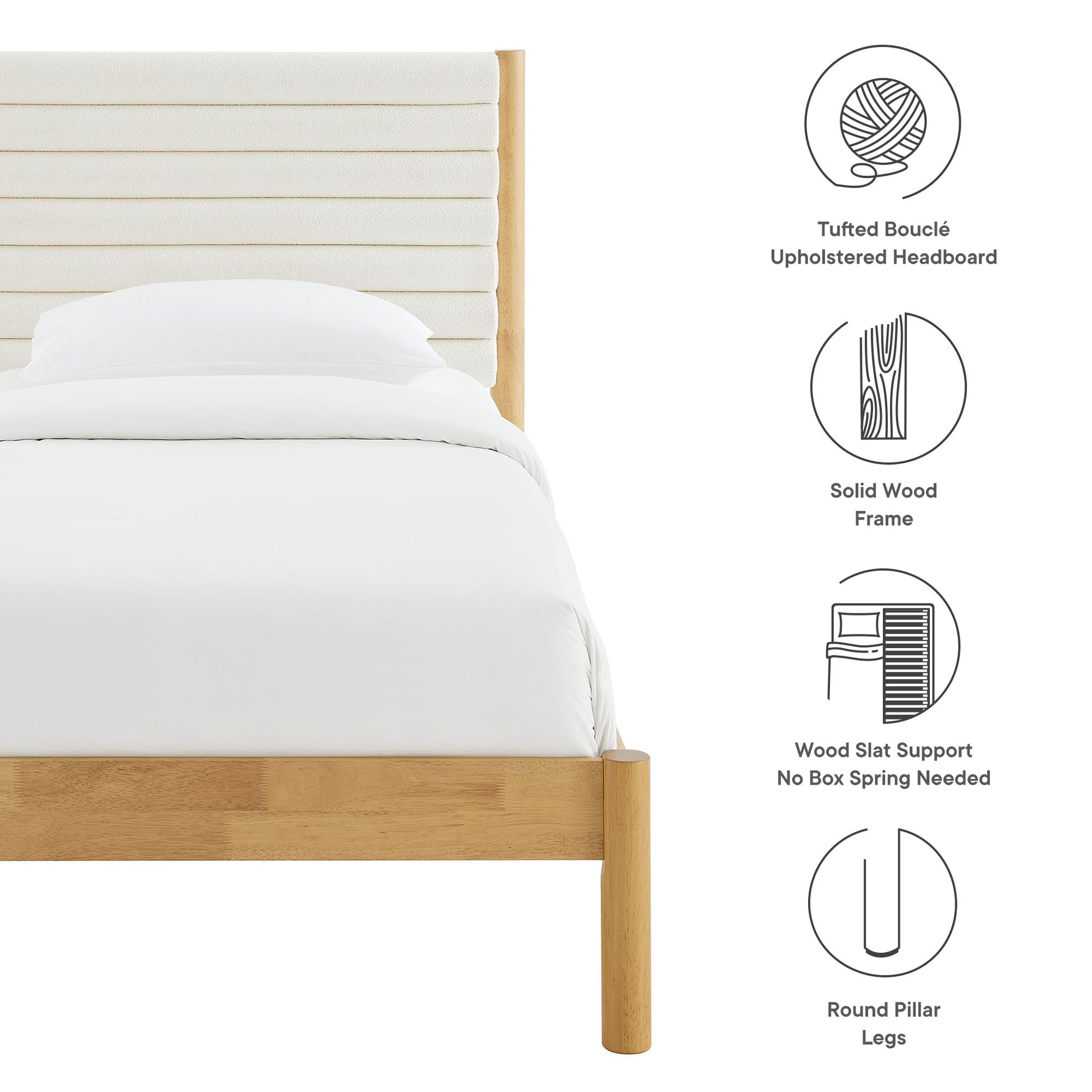 Olea Channel Tufted Boucle Solid Wood Platform Bed - Feather Walnut