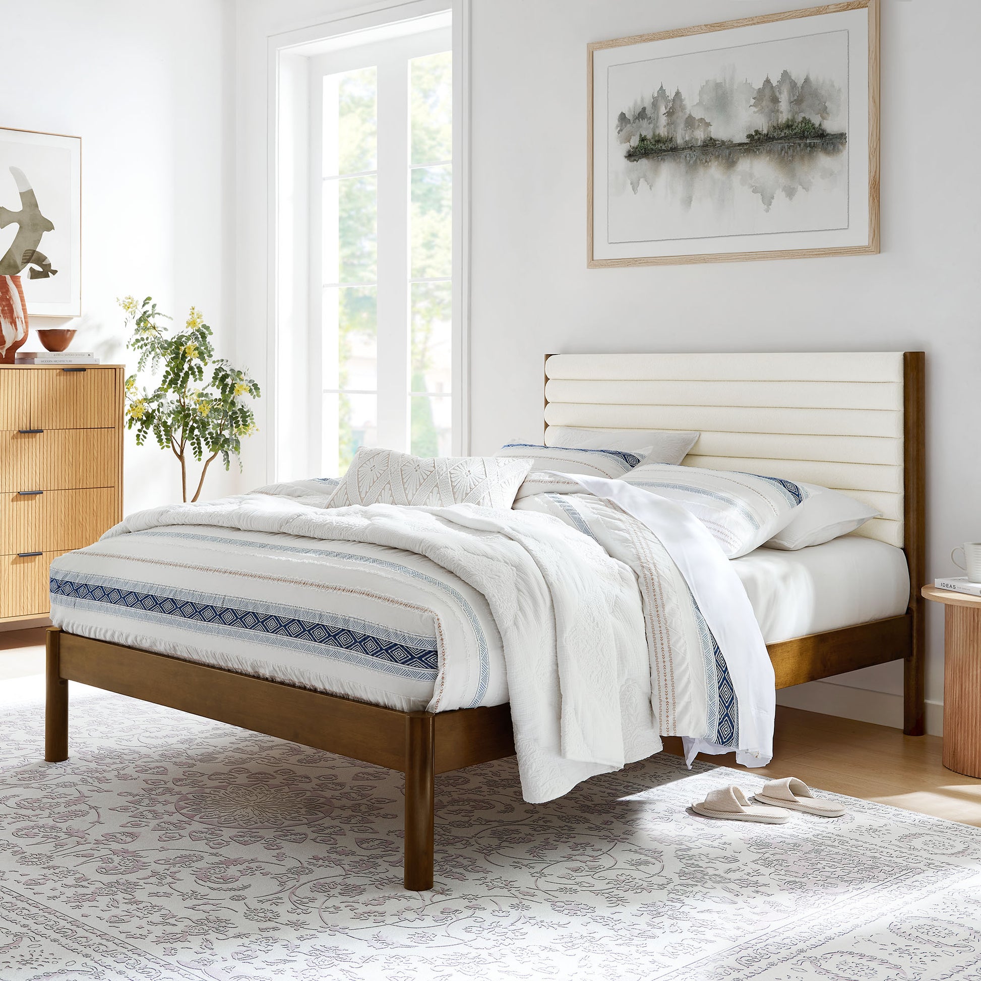 Olea Channel Tufted Boucle Solid Wood Full Platform Bed