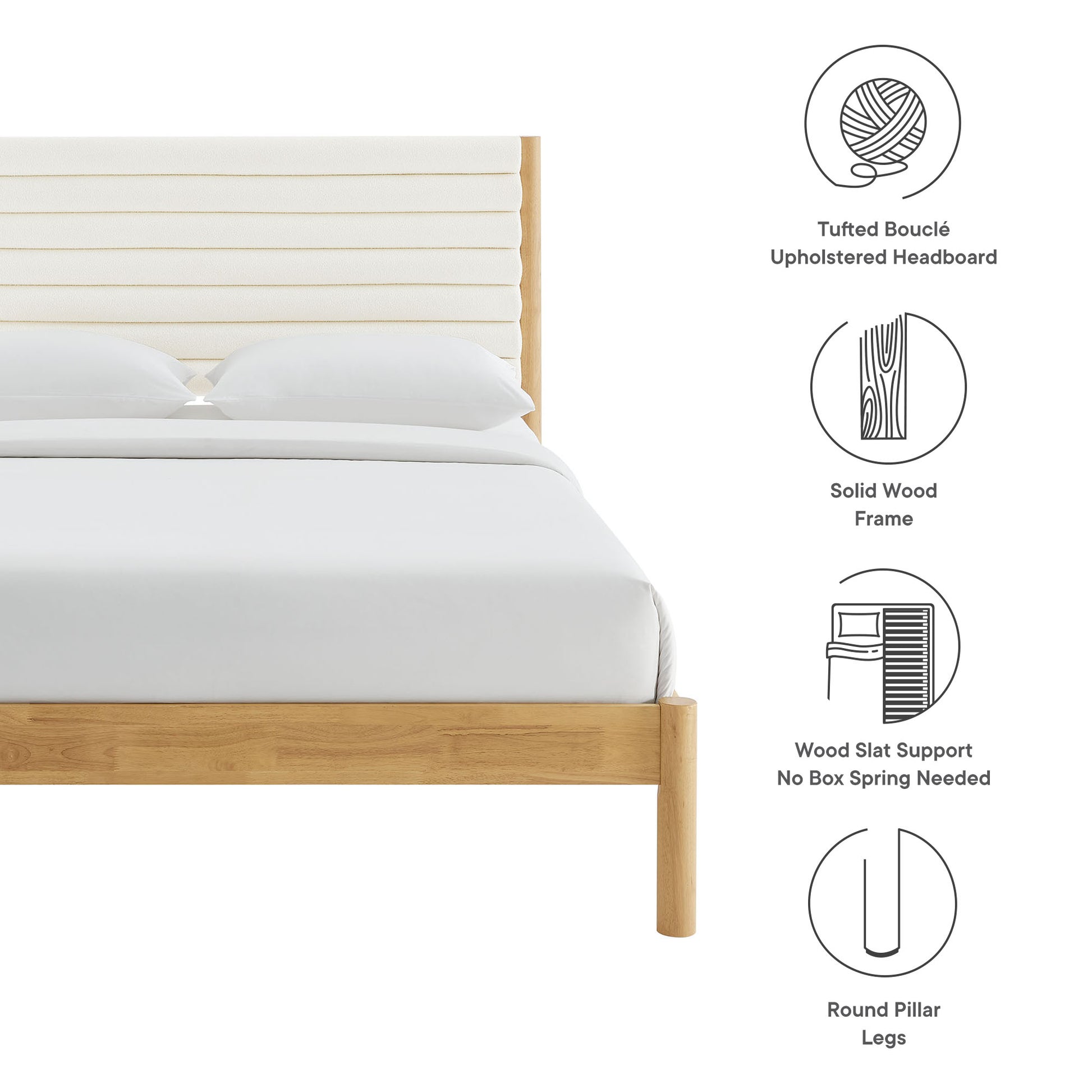 Olea Channel Tufted Boucle Solid Wood Platform Bed - Feather Walnut