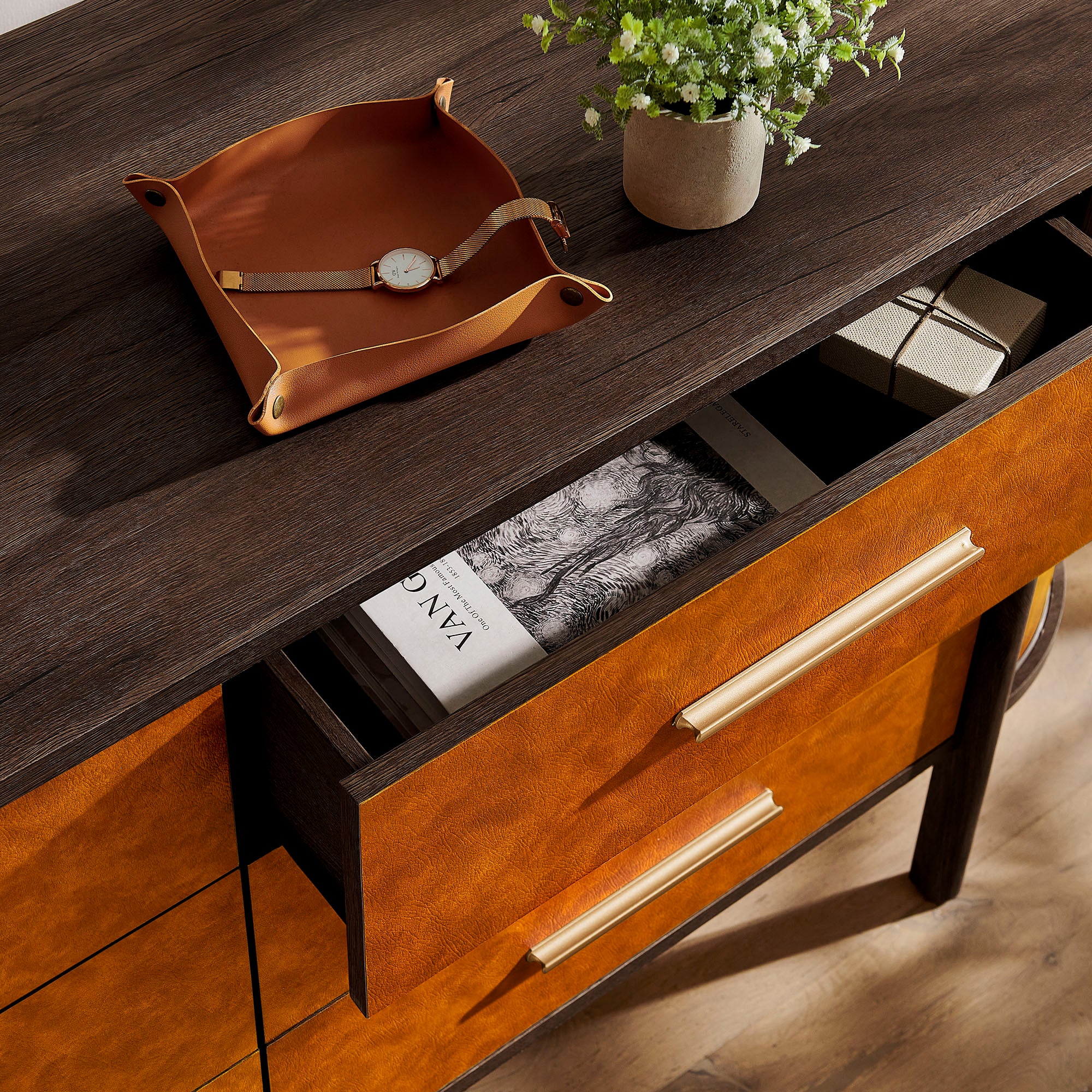 Coralie Curved 6-Drawer Vegan Leather Oval Dresser