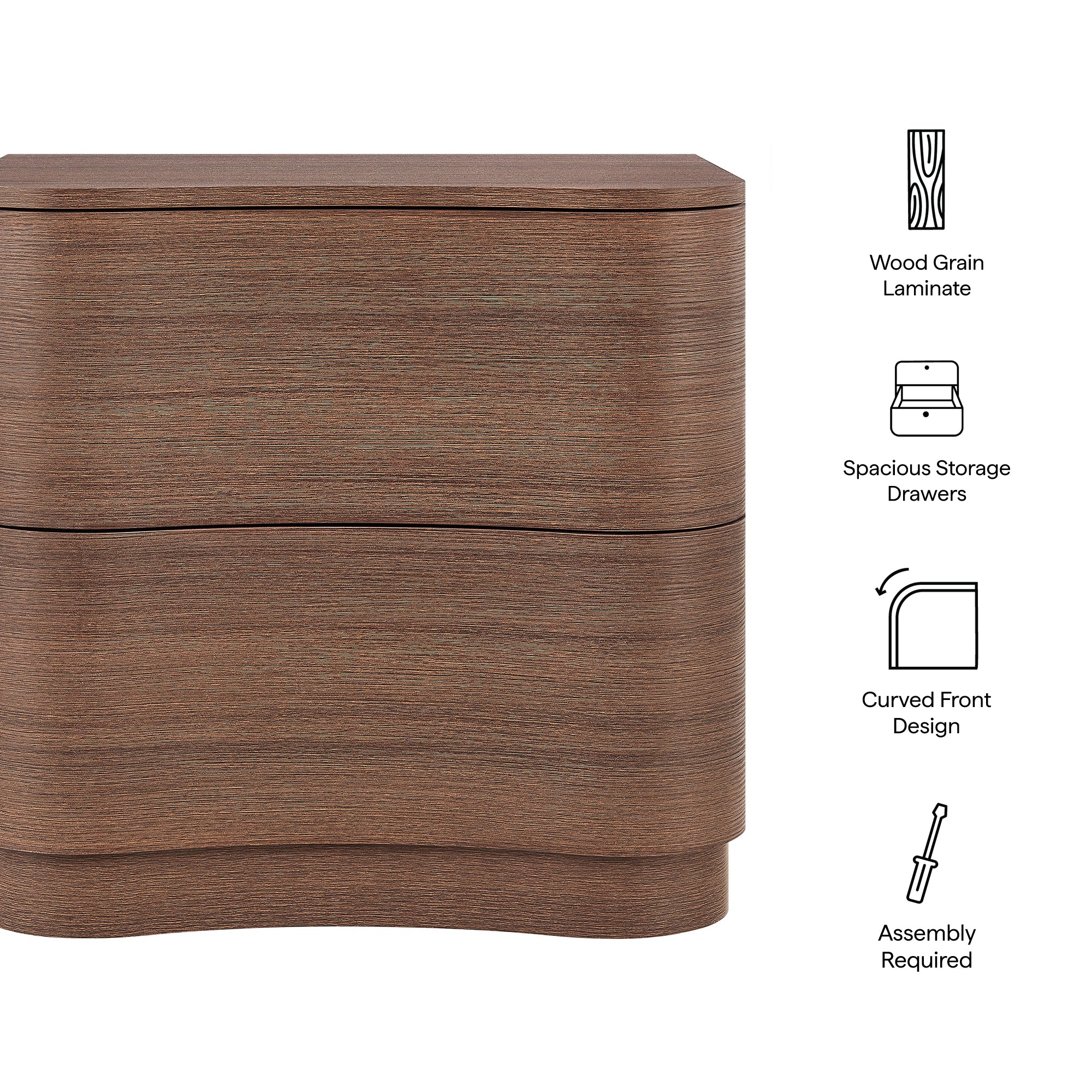 Mirae 2-Drawer Curved Nightstand - Brushed Light Oak