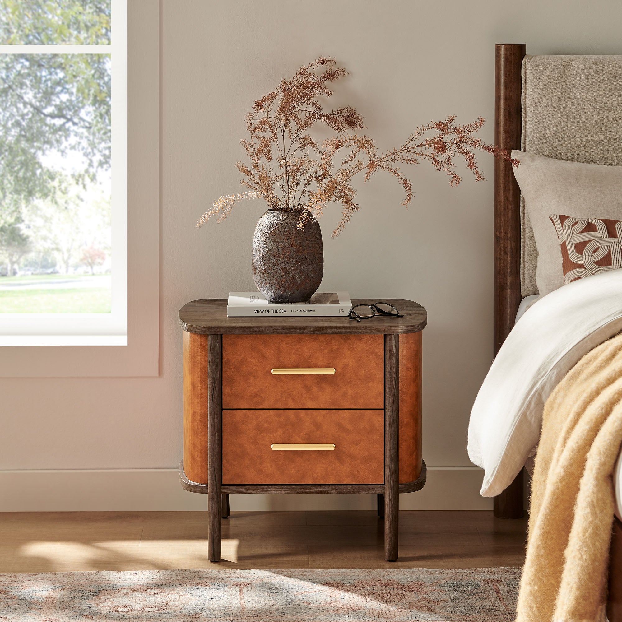 Coralie 2-Drawer Curved Vegan Leather Nightstand