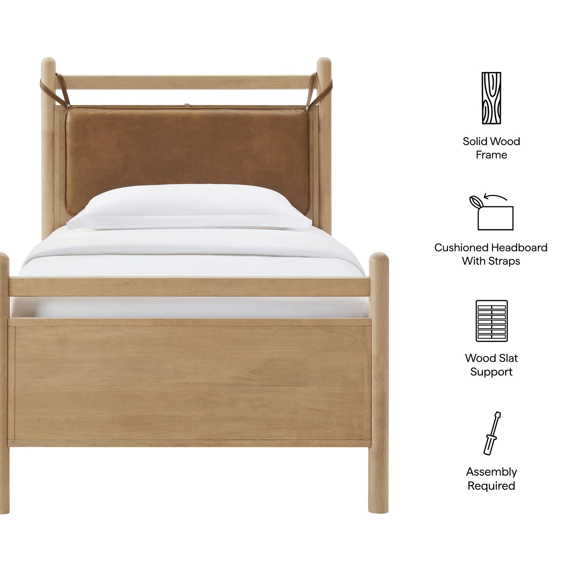 Leni Twin Size Vegan Leather and Wood Platform Bed Frame - Walnut Mushroom