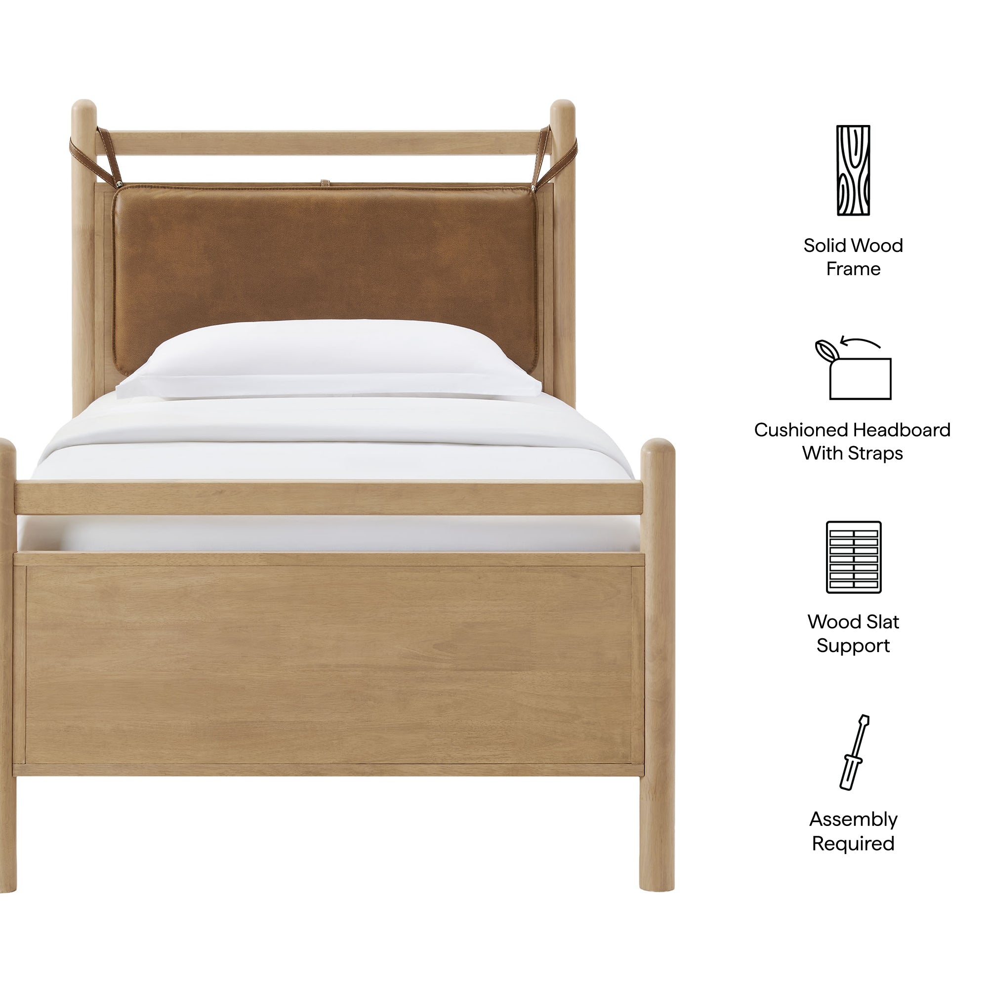 Leni Twin Size Vegan Leather and Wood Platform Bed Frame - Walnut Mushroom
