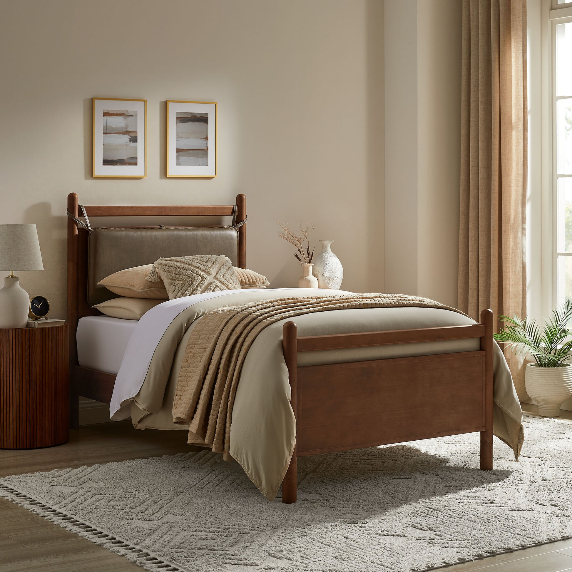 Leni Twin Size Vegan Leather and Wood Platform Bed Frame
