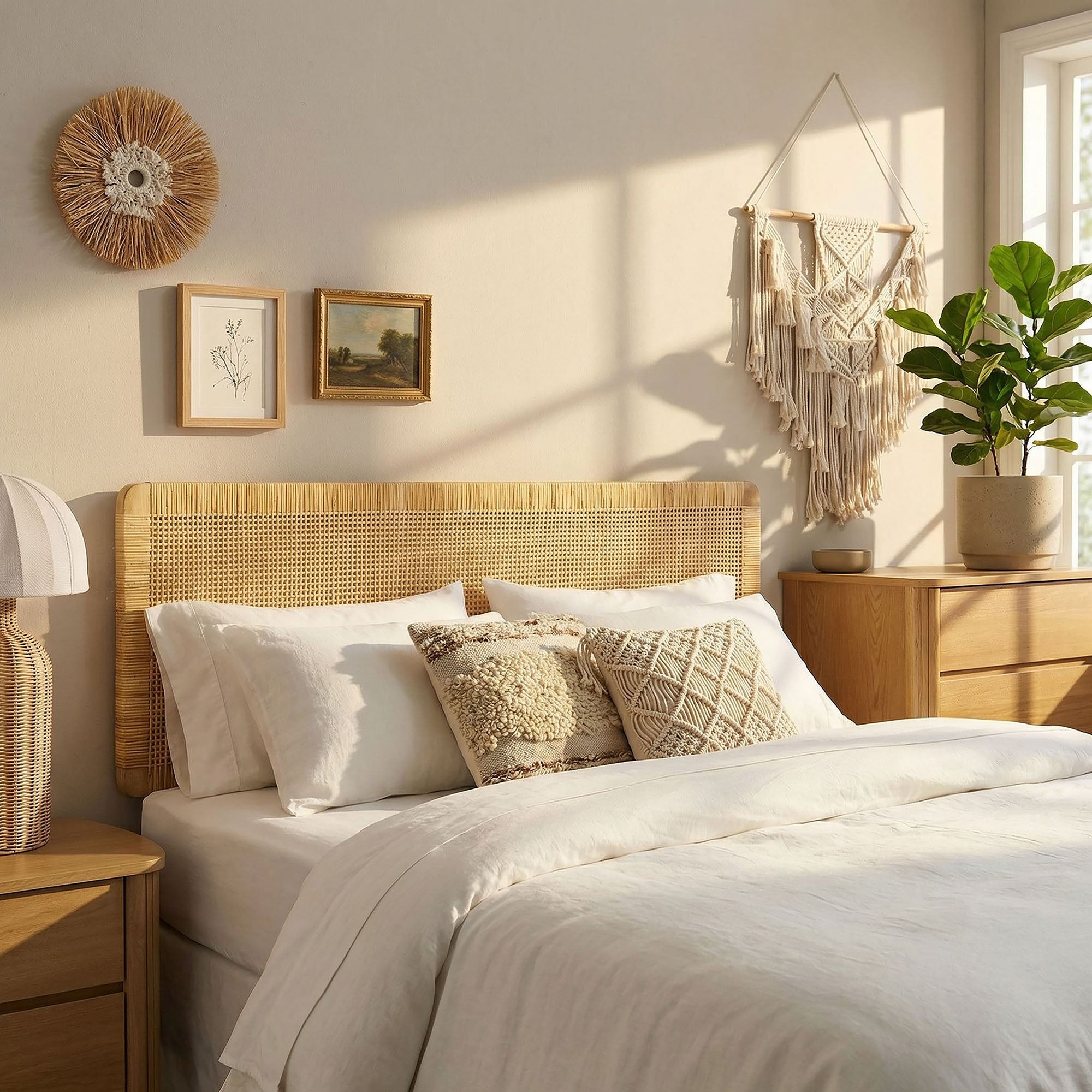 Sandy Wall Mounted Wood and Rattan King Size Headboard