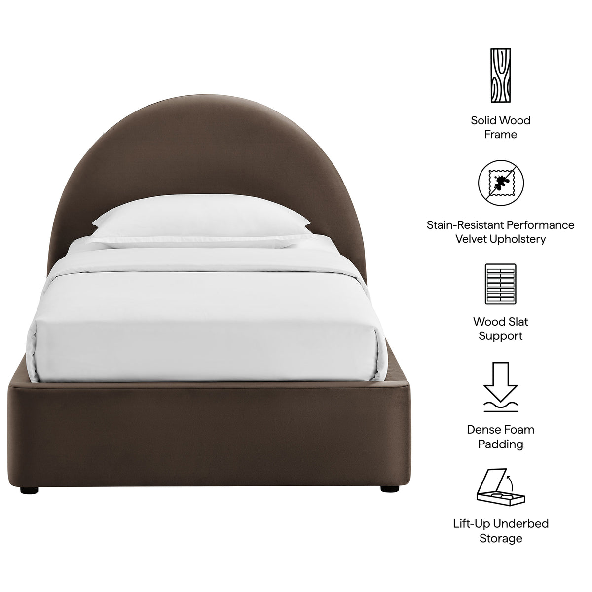 Resort Twin Arched Performance Velvet Storage Platform Bed Frame - Chocolate Brown