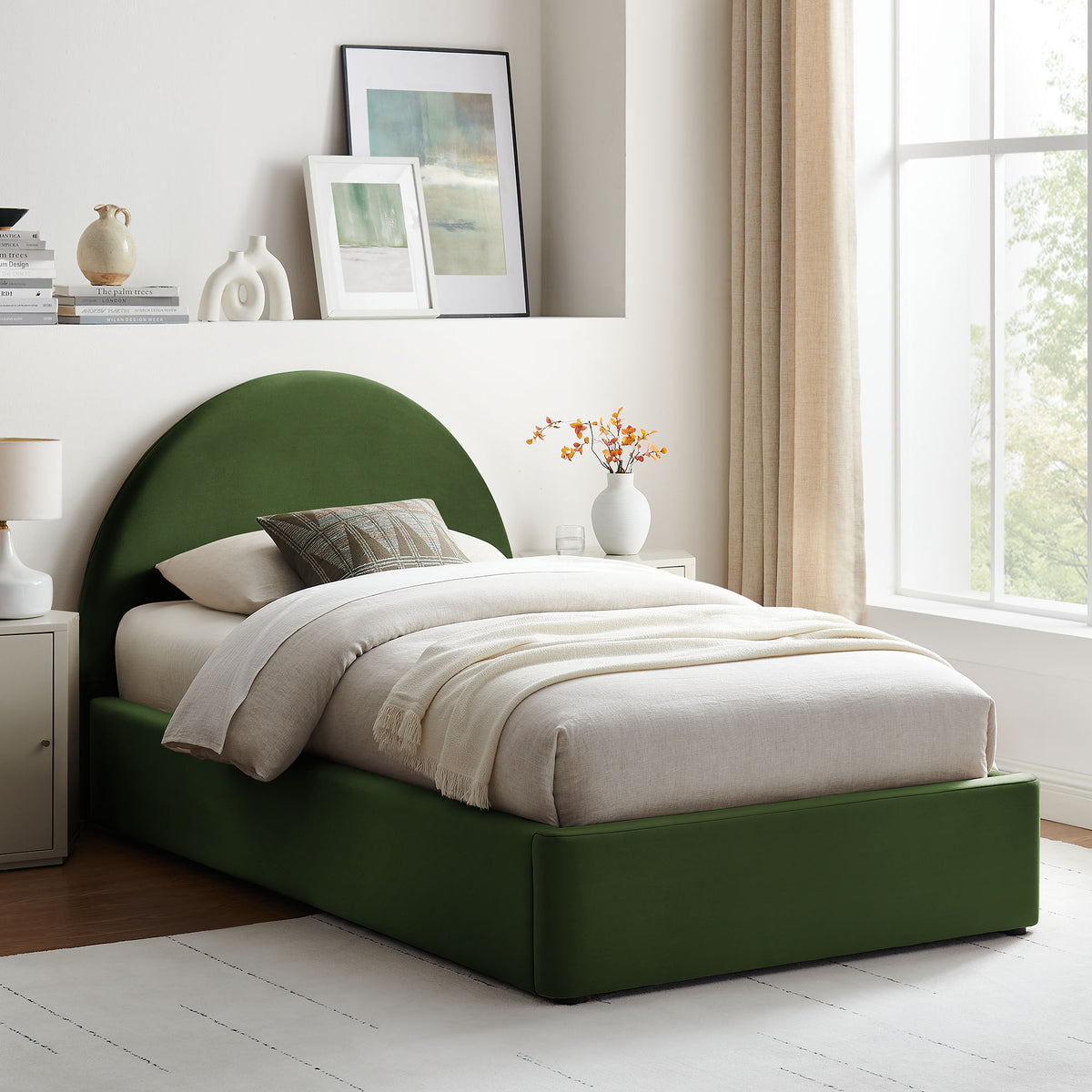 Resort Twin Arched Performance Velvet Storage Platform Bed Frame - Moss Green