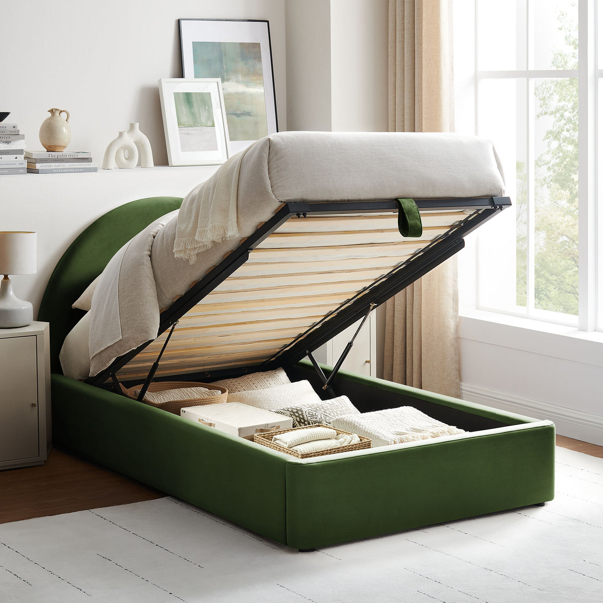 Resort Twin Arched Performance Velvet Storage Platform Bed Frame - Moss Green