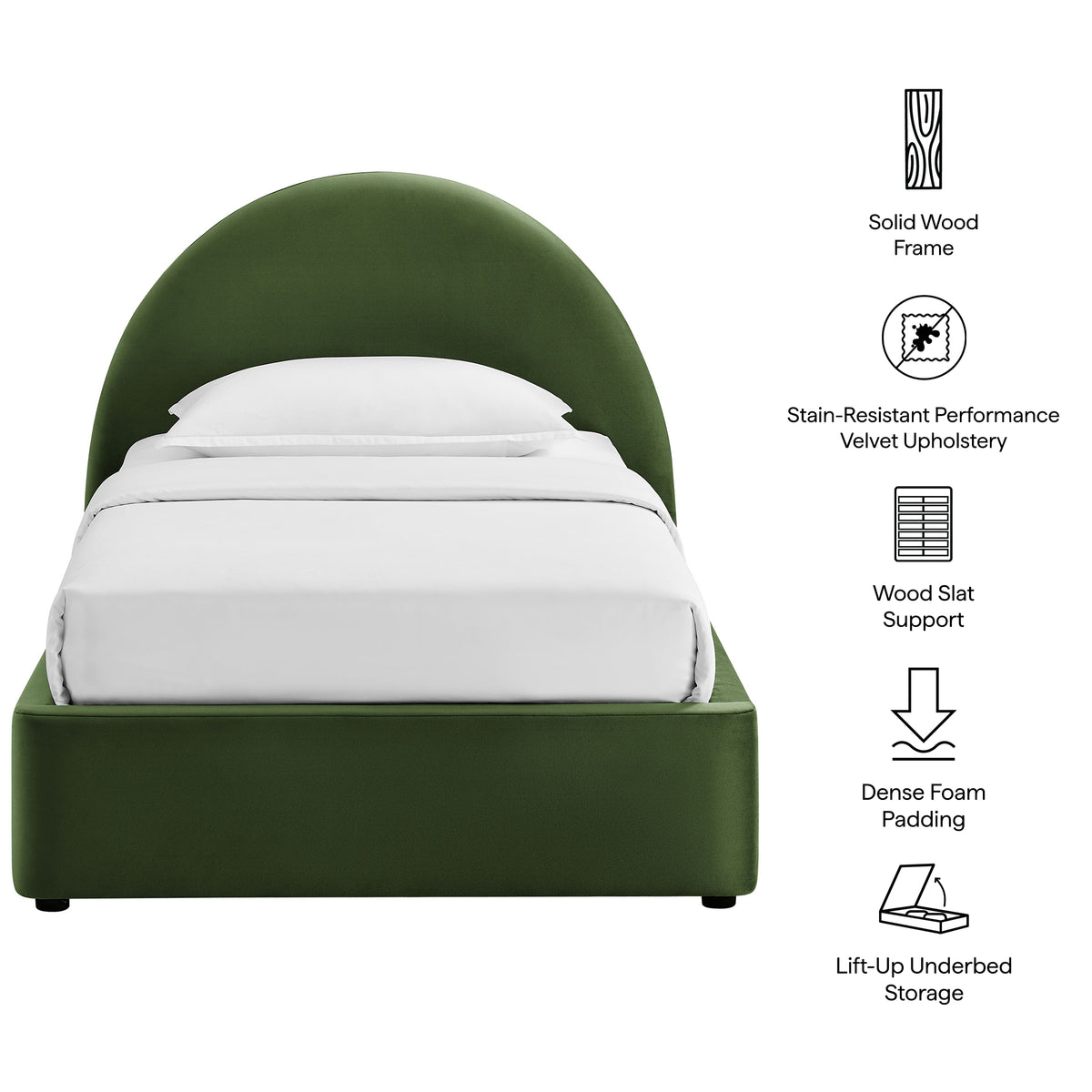 Resort Twin Arched Performance Velvet Storage Platform Bed Frame - Moss Green