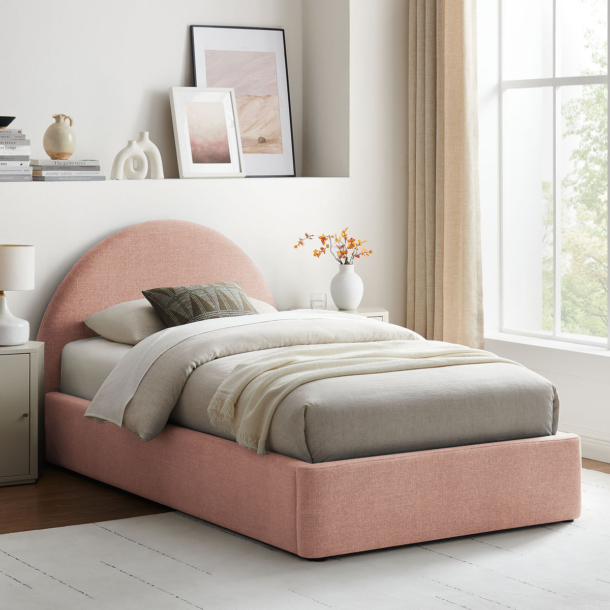 Resort Twin Arched Upholstered Fabric Storage Platform Bed Frame - Blush
