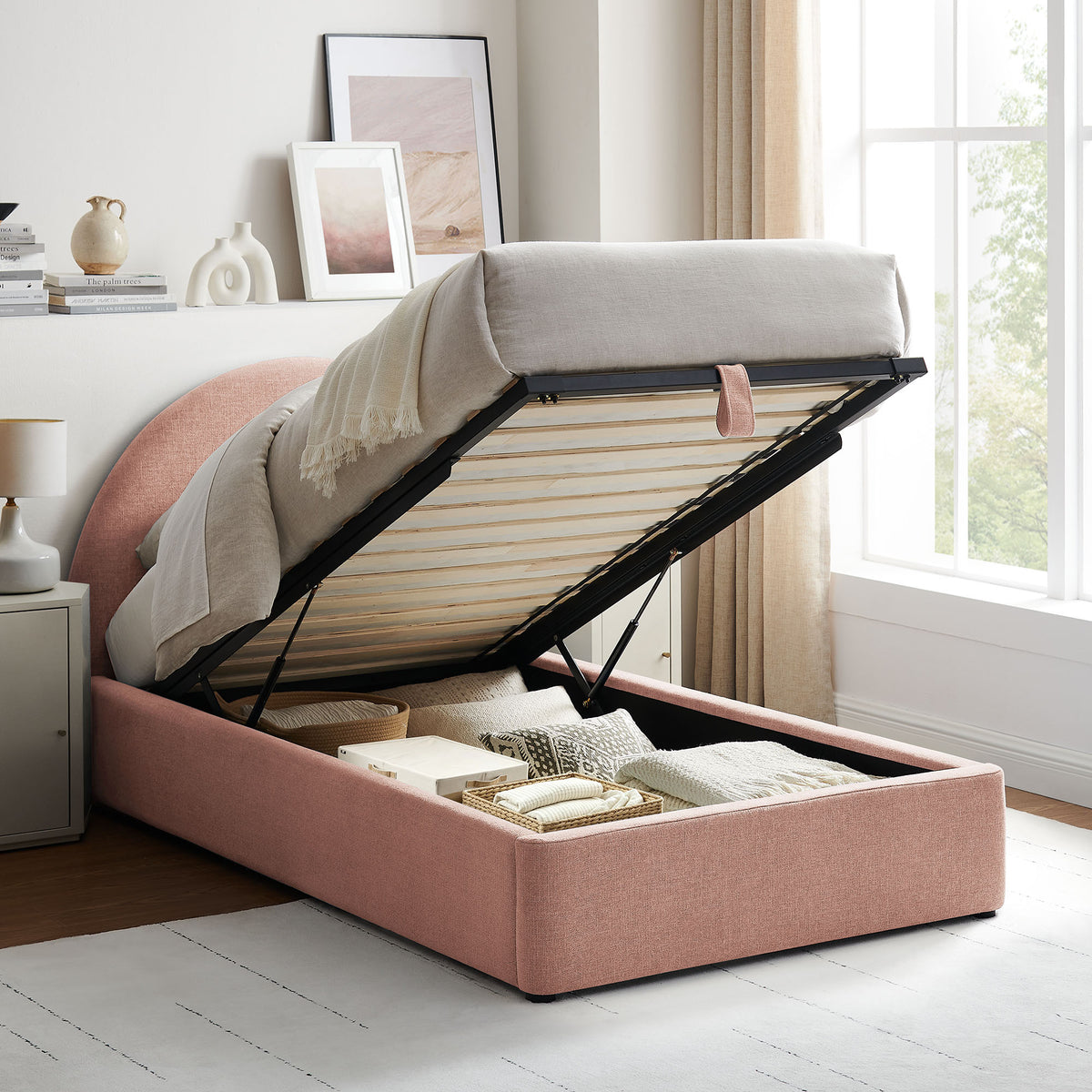 Resort Twin Arched Upholstered Fabric Storage Platform Bed Frame - Blush