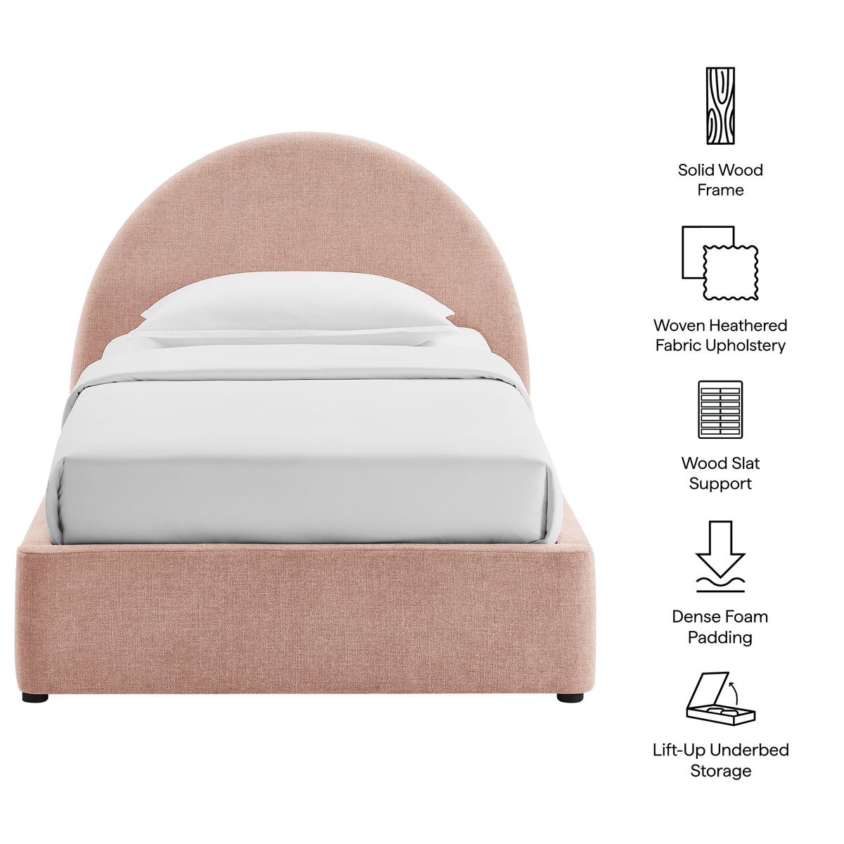 Resort Twin Arched Upholstered Fabric Storage Platform Bed Frame - Blush