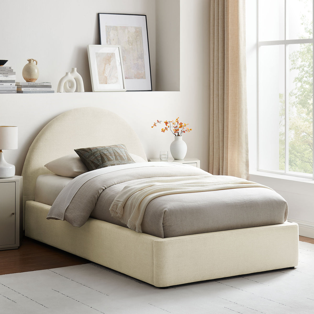 Resort Twin Arched Upholstered Fabric Storage Platform Bed Frame - Ecru
