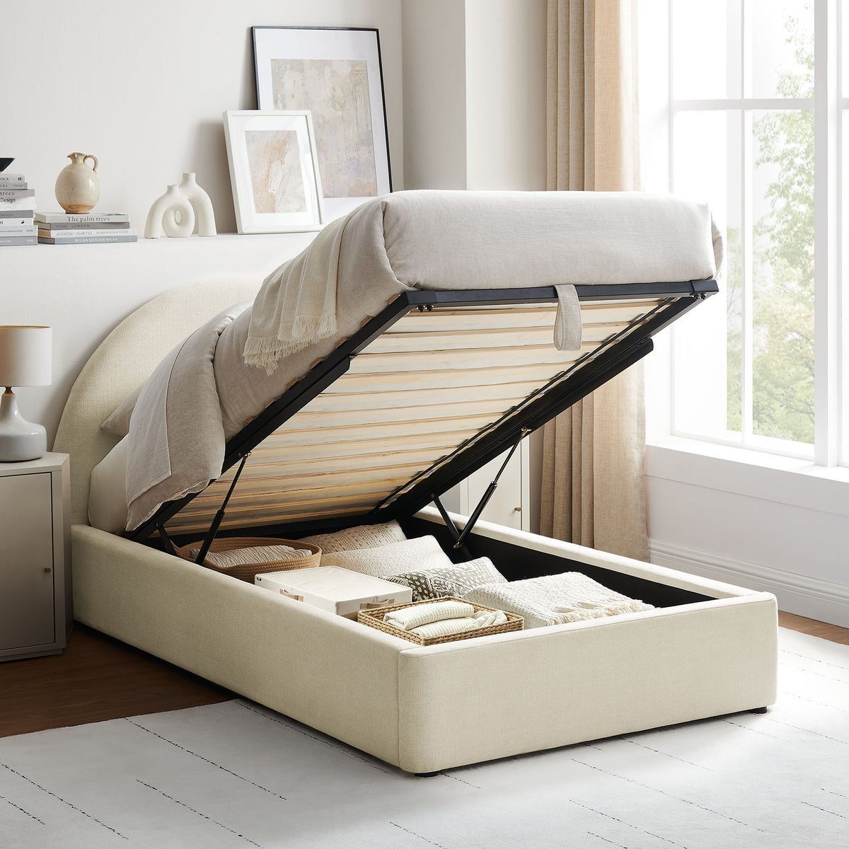 Resort Twin Arched Upholstered Fabric Storage Platform Bed Frame - Ecru