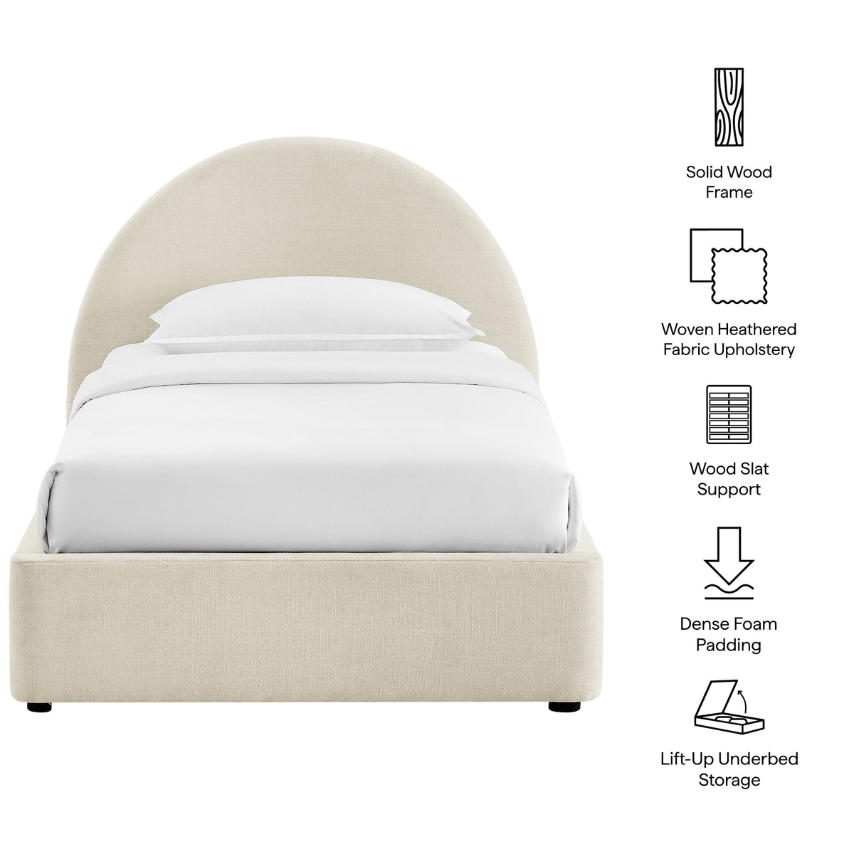 Resort Twin Arched Upholstered Fabric Storage Platform Bed Frame - Ecru