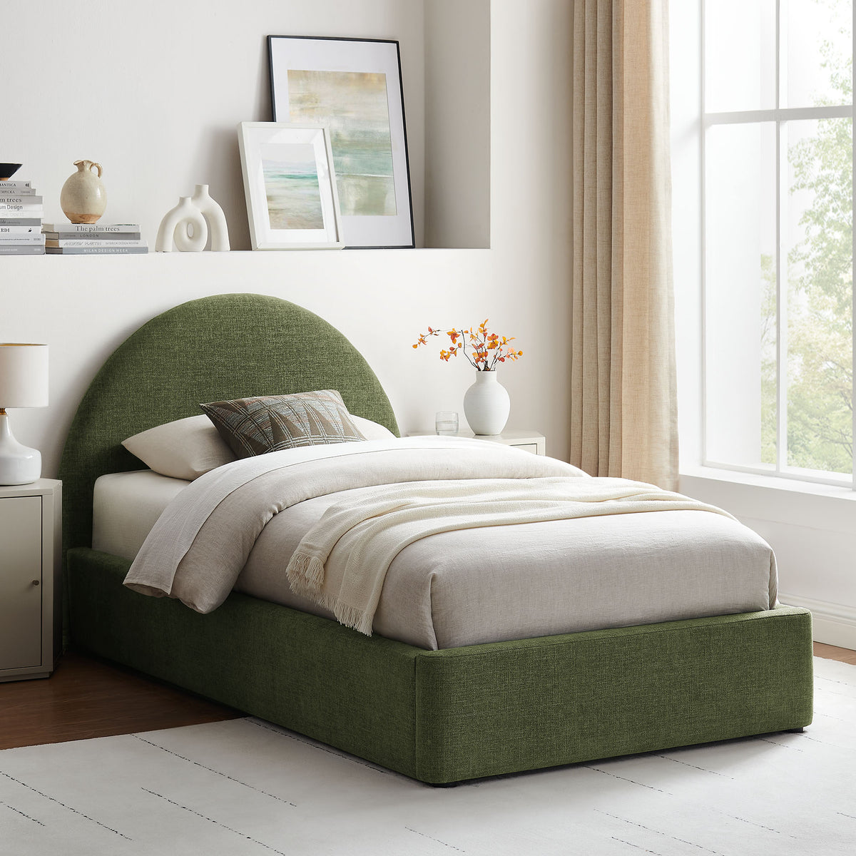 Resort Twin Arched Upholstered Fabric Storage Platform Bed Frame - Foliage