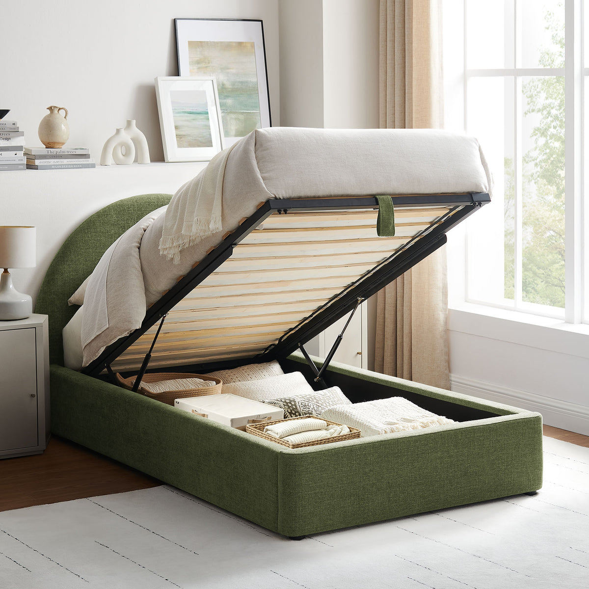 Resort Twin Arched Upholstered Fabric Storage Platform Bed Frame - Foliage