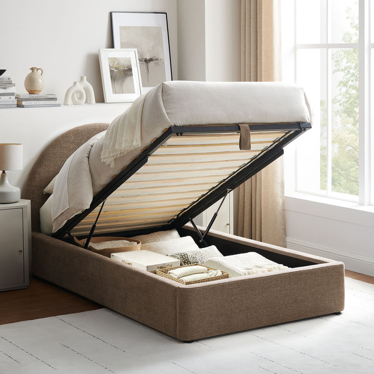 Resort Twin Arched Upholstered Fabric Storage Platform Bed Frame - Mocha