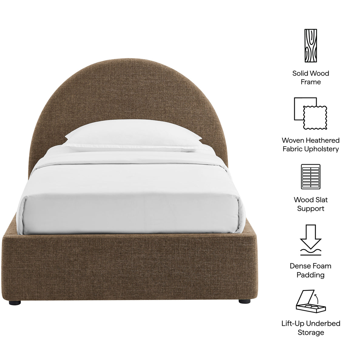 Resort Twin Arched Upholstered Fabric Storage Platform Bed Frame - Mocha