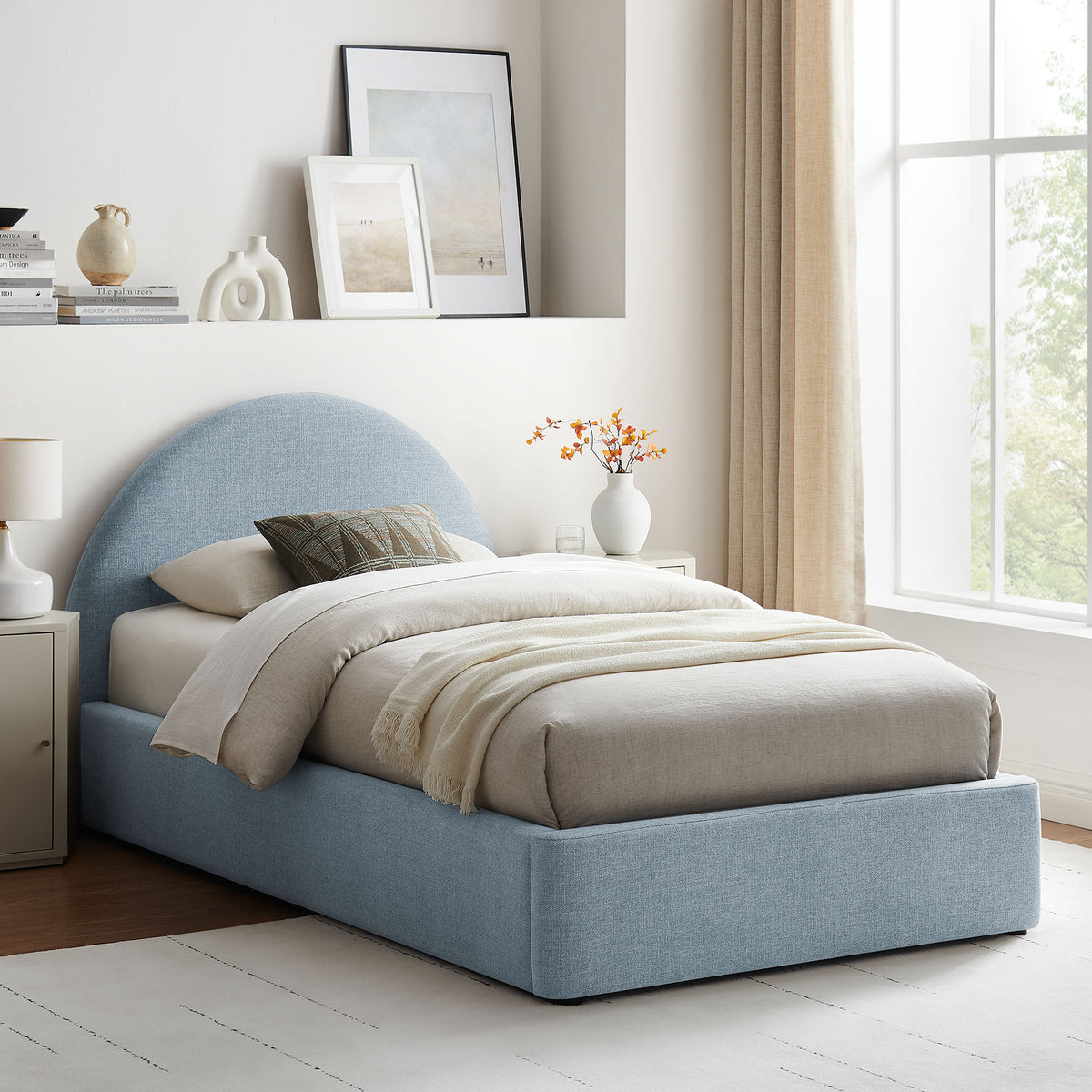 Resort Twin Arched Upholstered Fabric Storage Platform Bed Frame - Sky