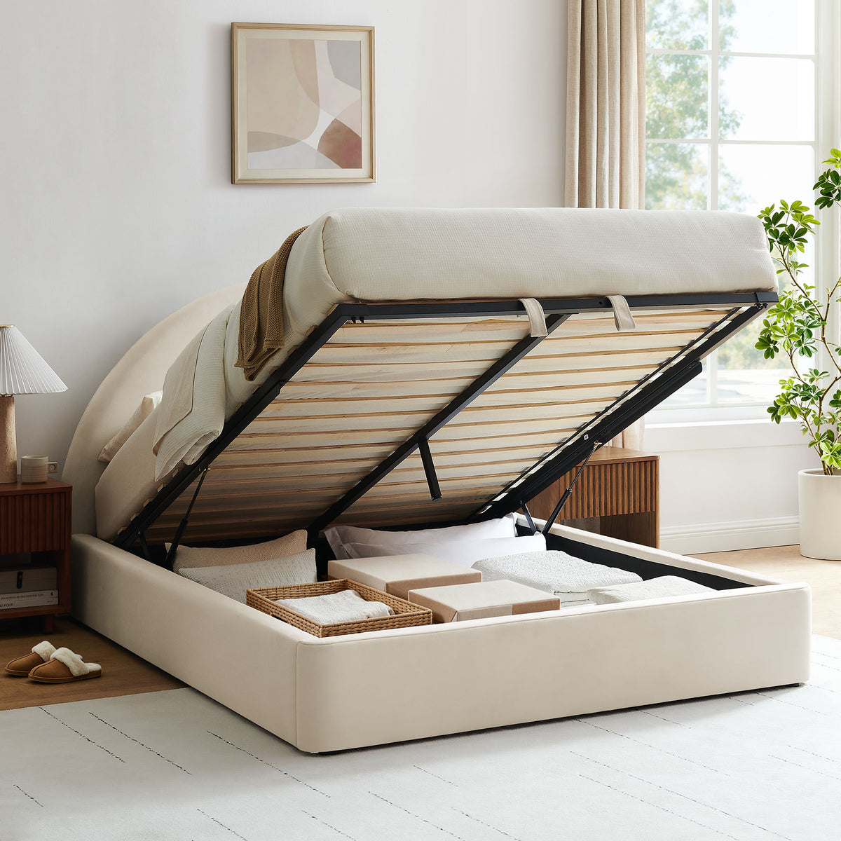Resort Full Arched Performance Velvet Storage Platform Bed Frame - Alabaster