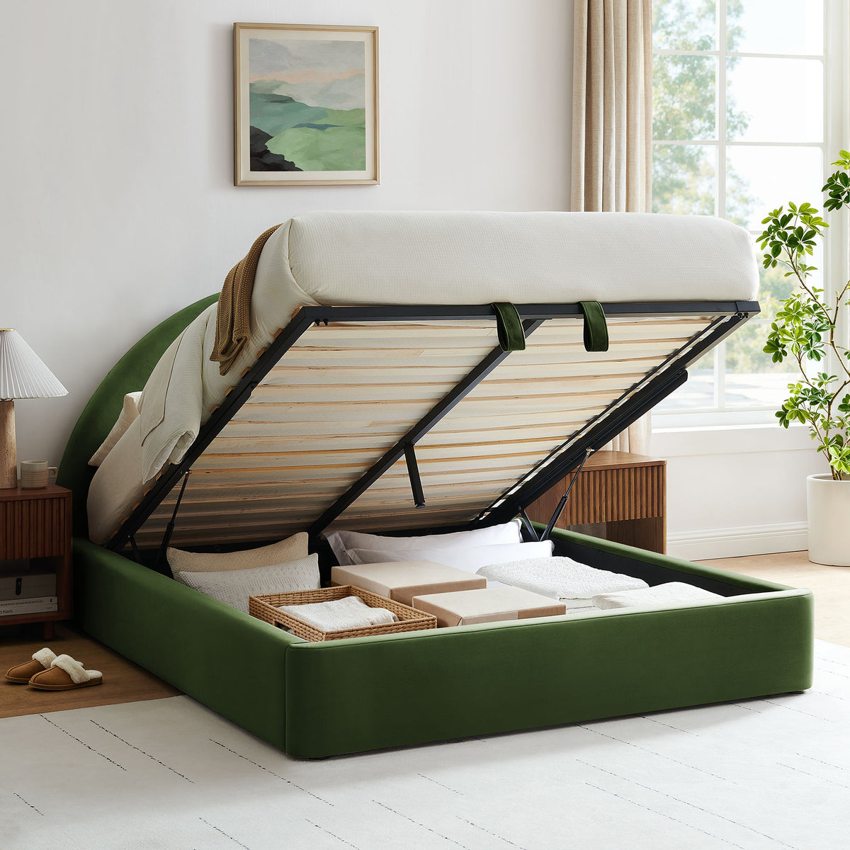 Resort Full Arched Performance Velvet Storage Platform Bed Frame - Moss Green