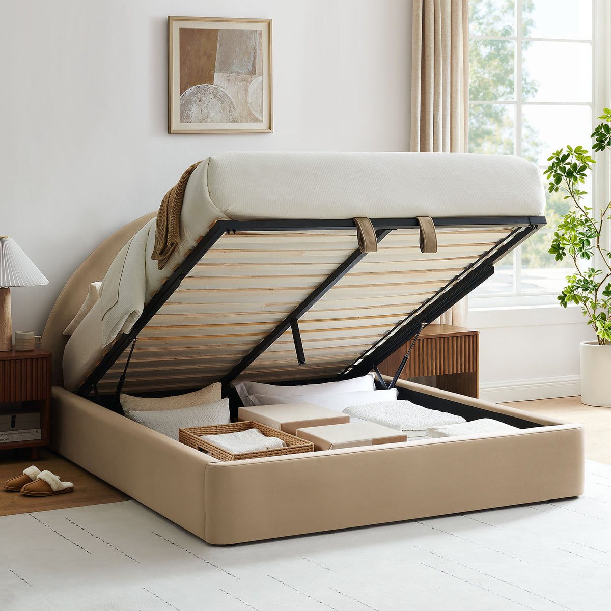 Resort Full Arched Performance Velvet Storage Platform Bed Frame - Taupe