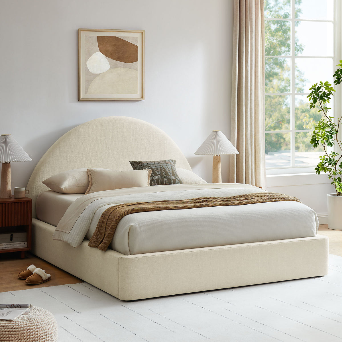 Resort Full Arched Upholstered Fabric Storage Platform Bed Frame - Ecru