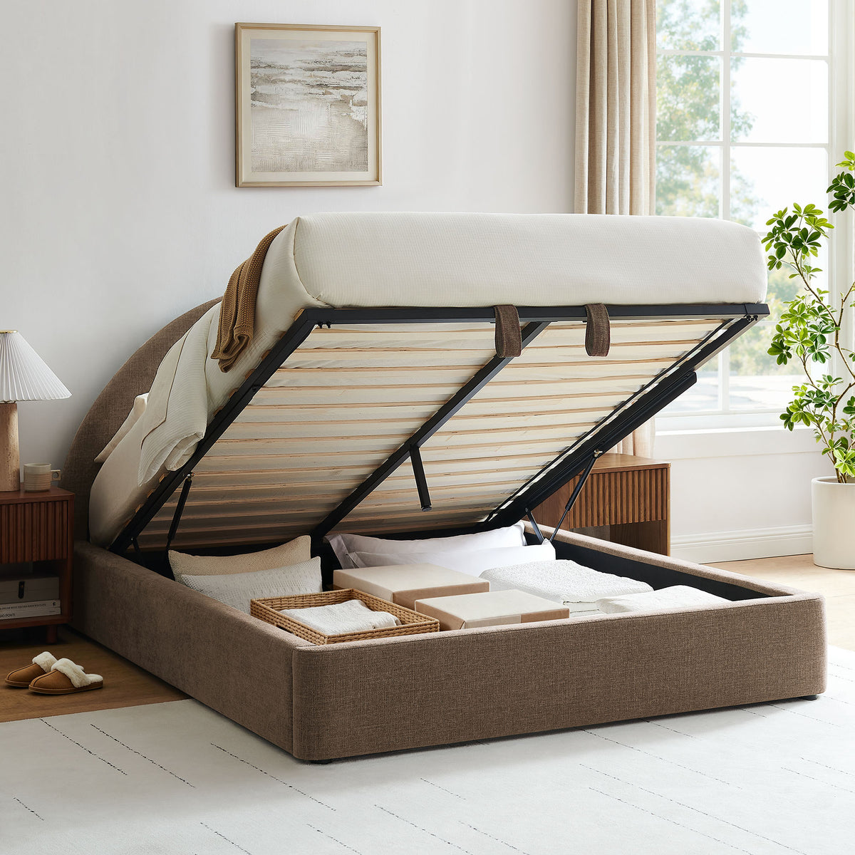 Resort Full Arched Upholstered Fabric Storage Platform Bed Frame - Mocha