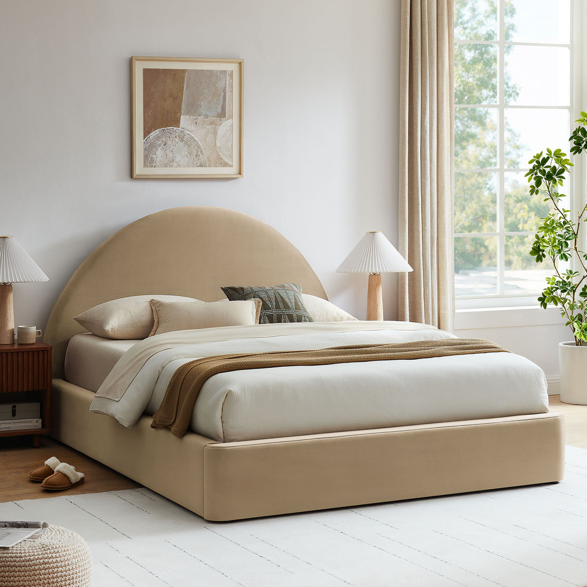 Resort Queen Arched Performance Velvet Storage Platform Bed Frame - Taupe