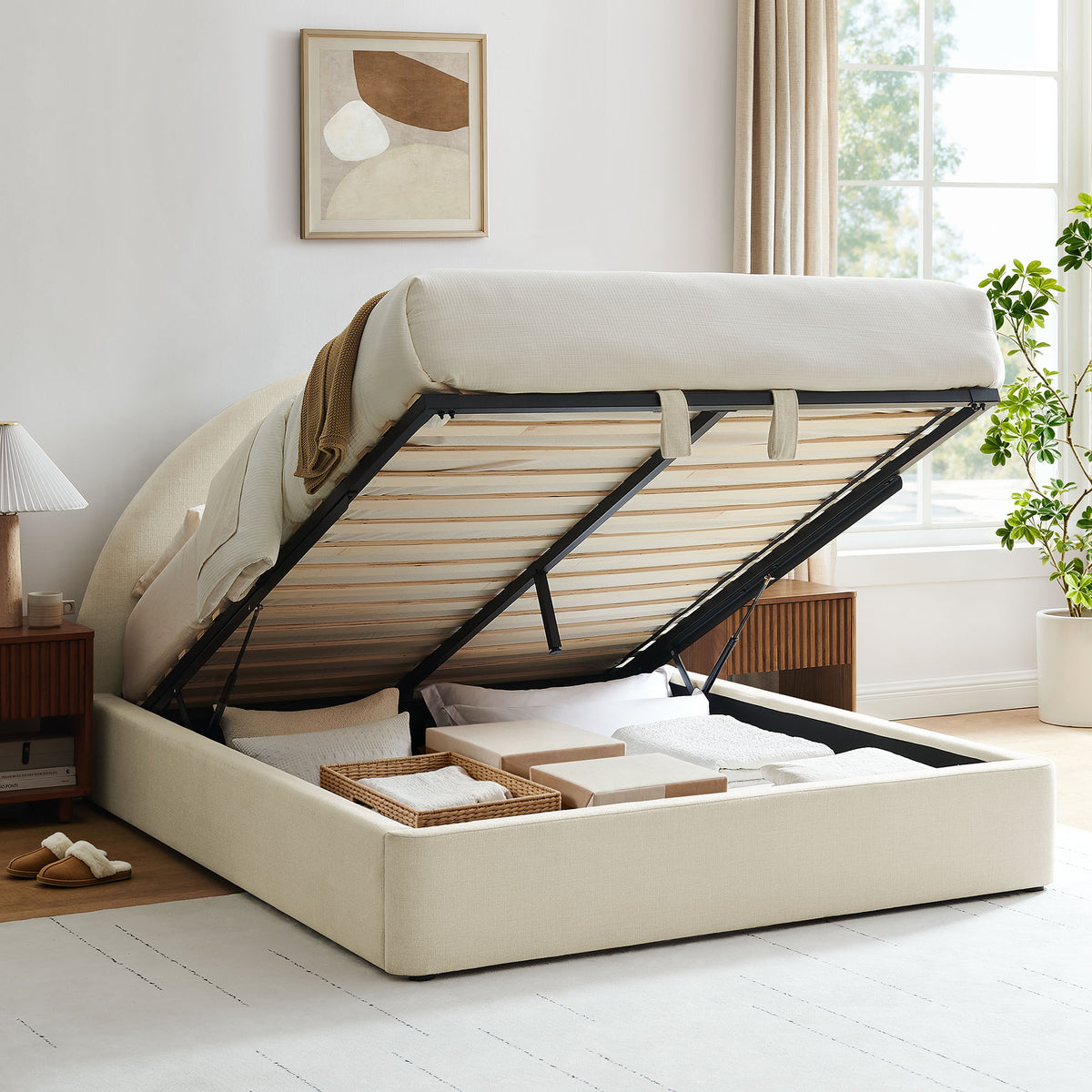 Resort Queen Arched Upholstered Fabric Storage Platform Bed Frame - Ecru