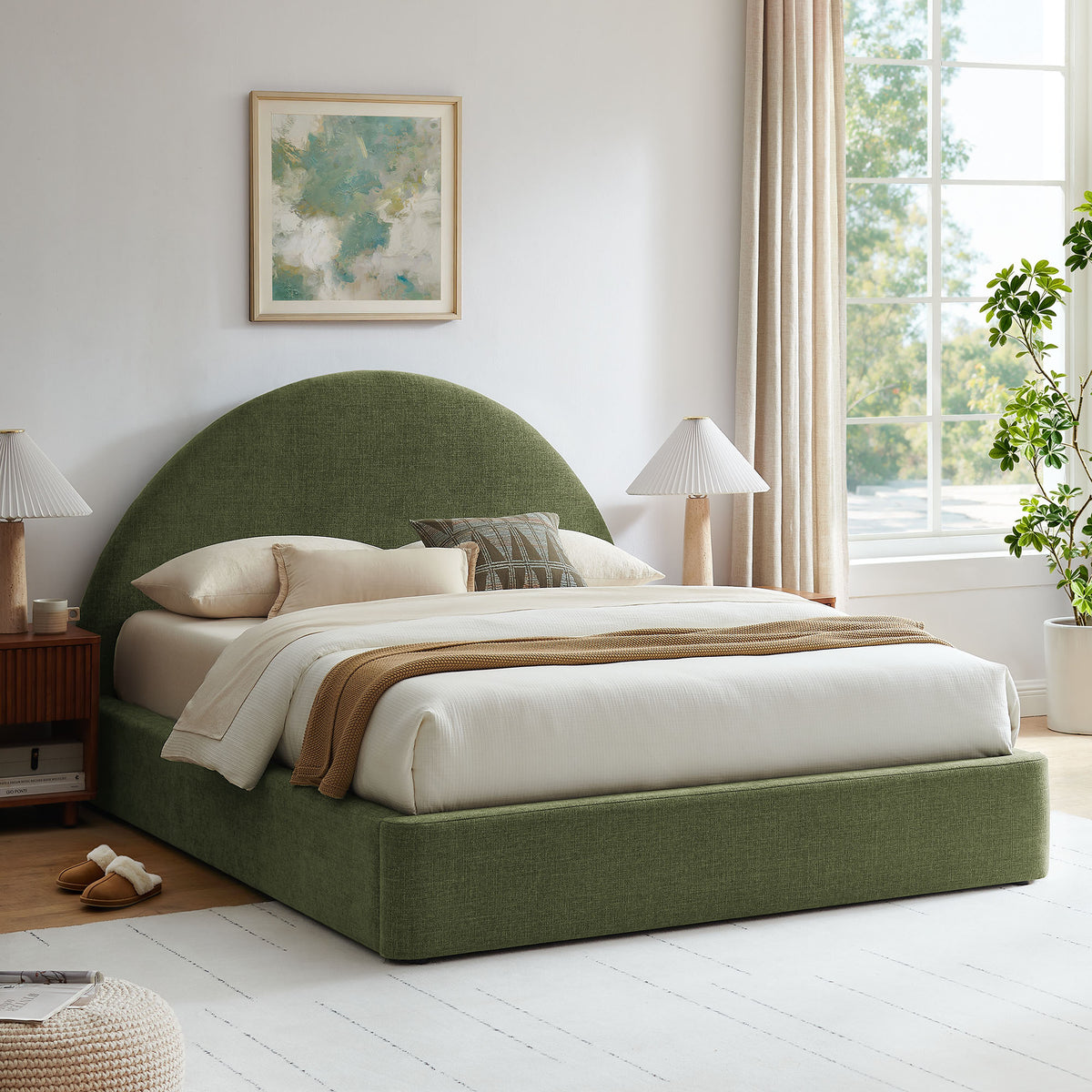 Resort Queen Arched Upholstered Fabric Storage Platform Bed Frame - Foliage