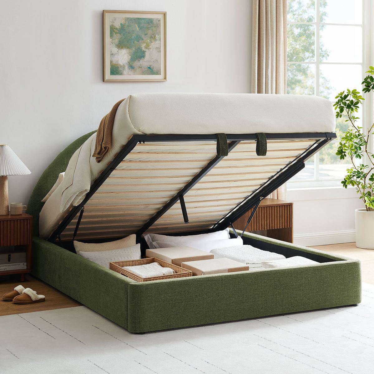 Resort Queen Arched Upholstered Fabric Storage Platform Bed Frame - Foliage
