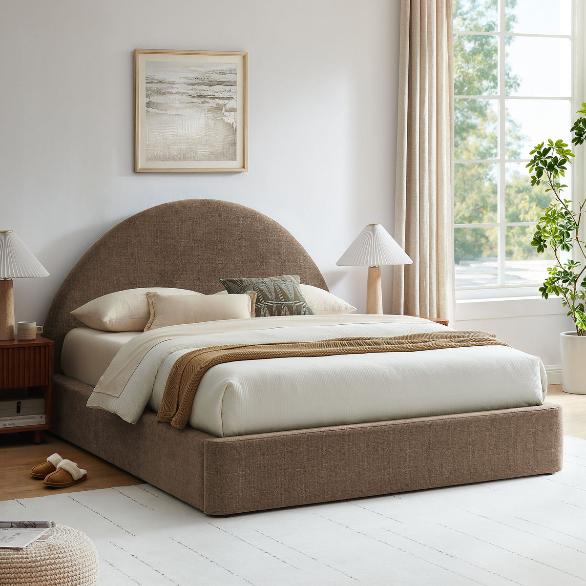 Resort Queen Arched Upholstered Fabric Storage Platform Bed Frame - Mocha