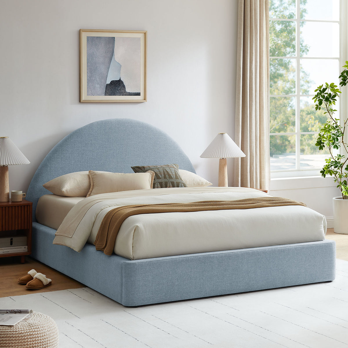 Resort Queen Arched Upholstered Fabric Storage Platform Bed Frame - Sky