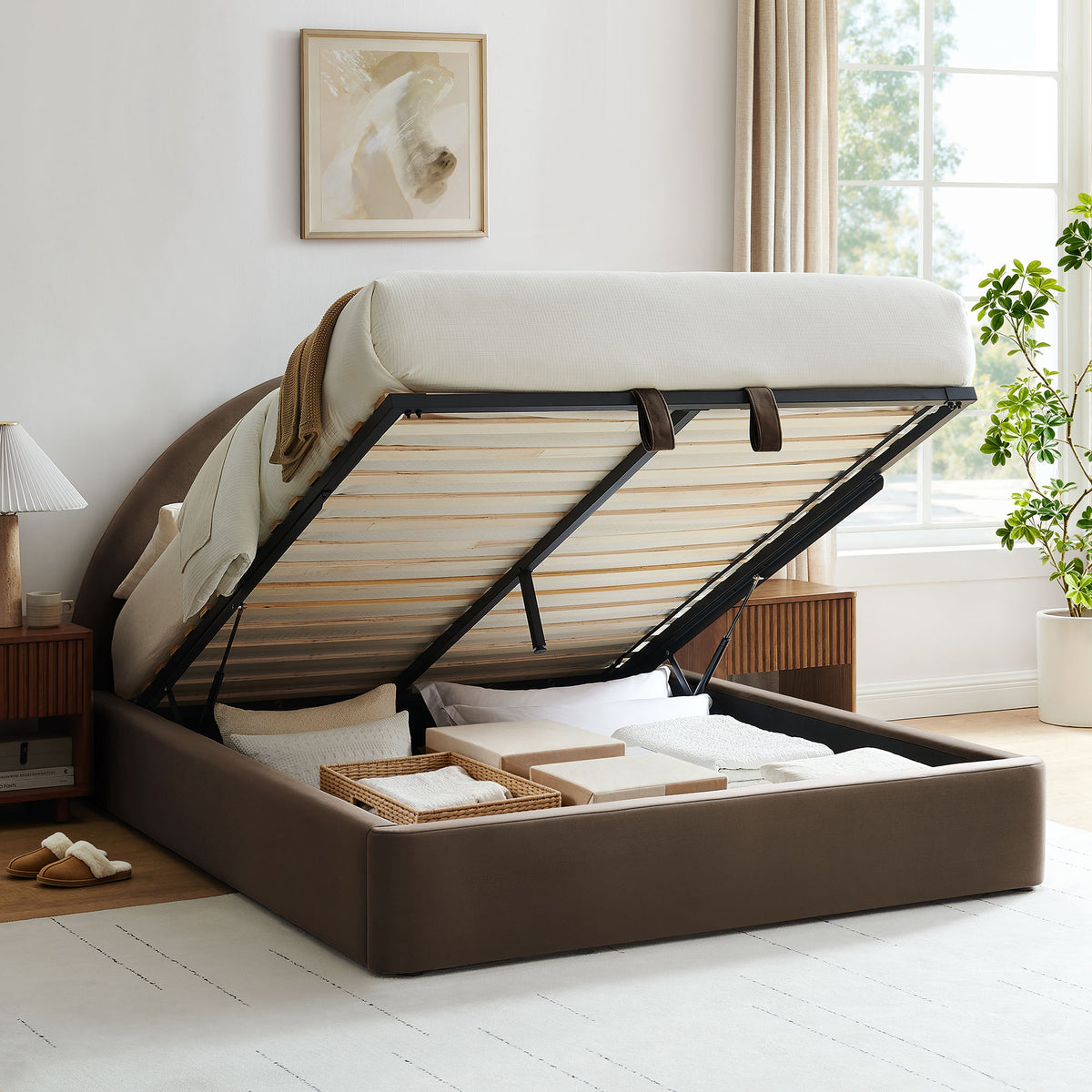 Resort King Arched Performance Velvet Storage Platform Bed Frame - Chocolate Brown