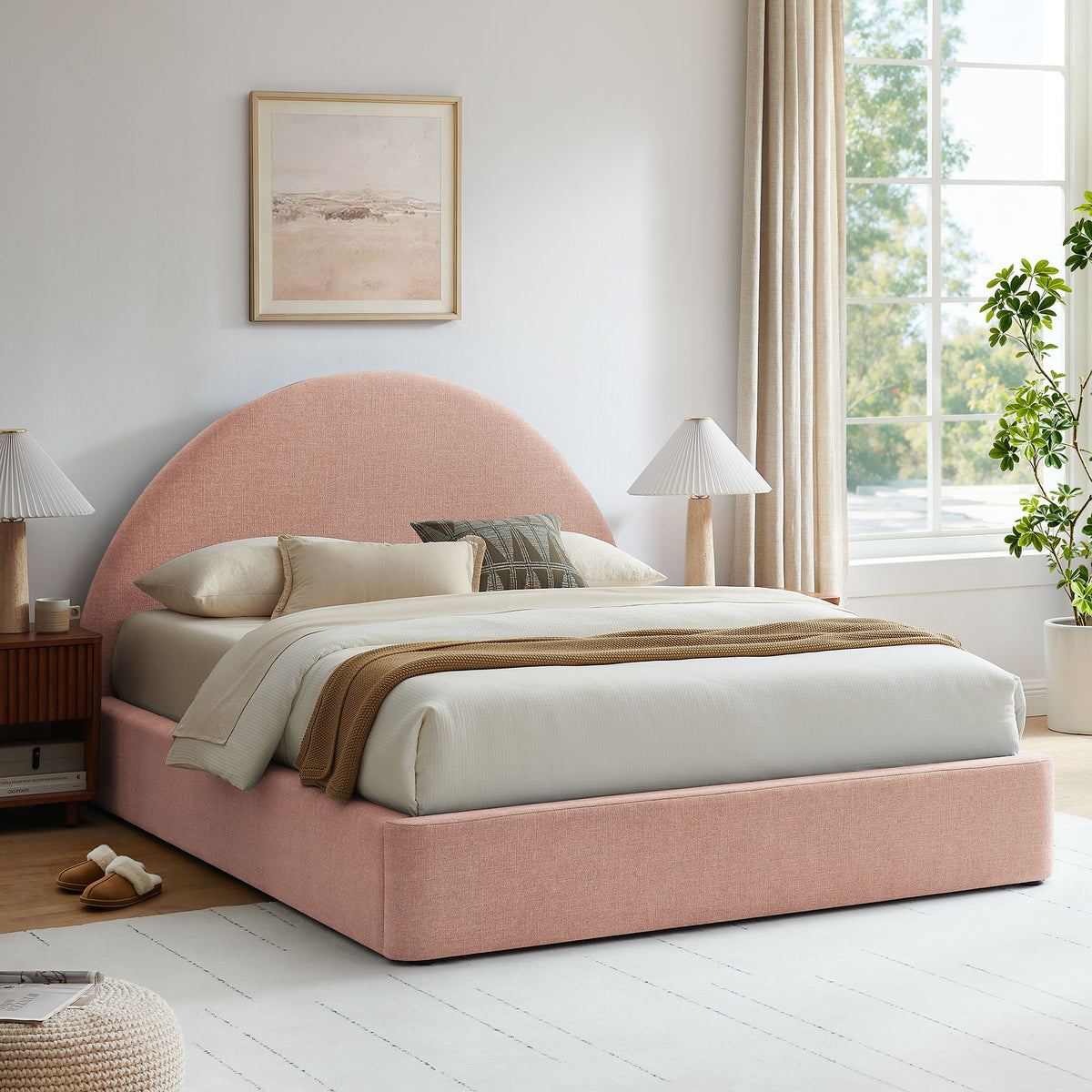 Resort King Arched Upholstered Fabric Storage Platform Bed Frame - Blush