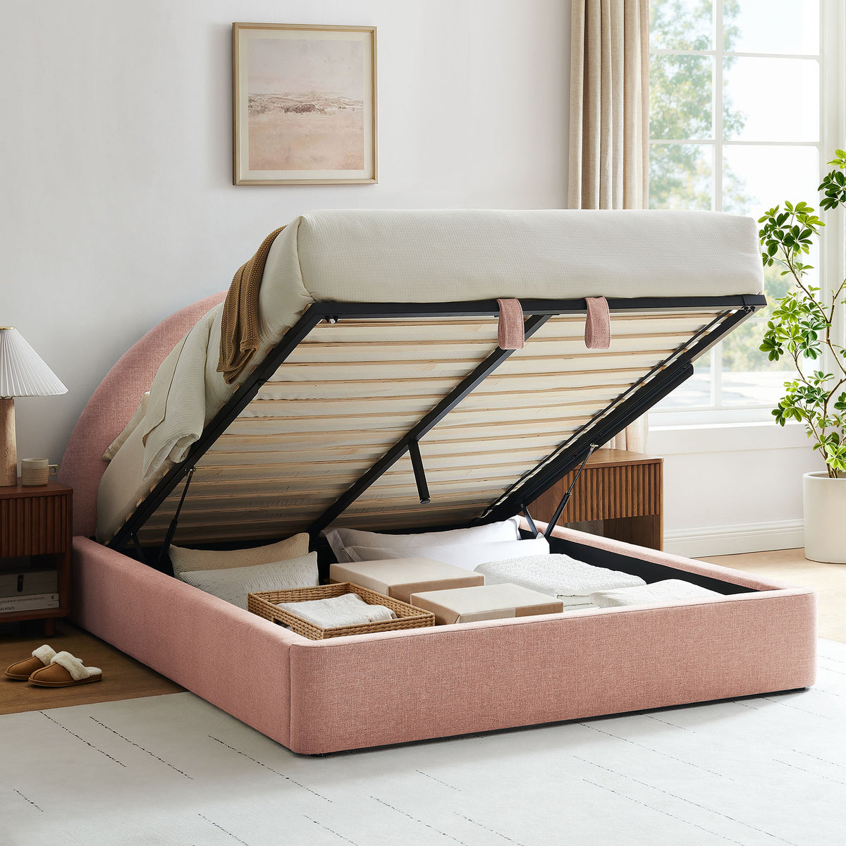 Resort King Arched Upholstered Fabric Storage Platform Bed Frame - Blush