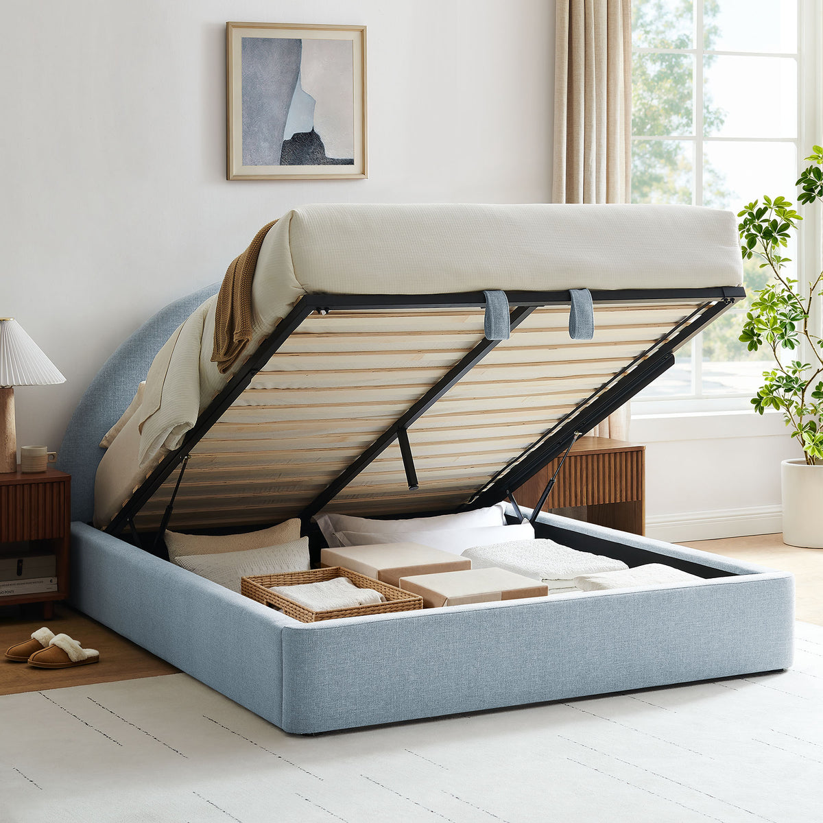 Resort King Arched Upholstered Fabric Storage Platform Bed Frame - Sky