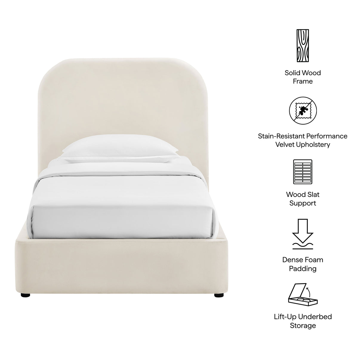 Keynote Twin Performance Velvet Storage Platform Bed Frame - Alabaster