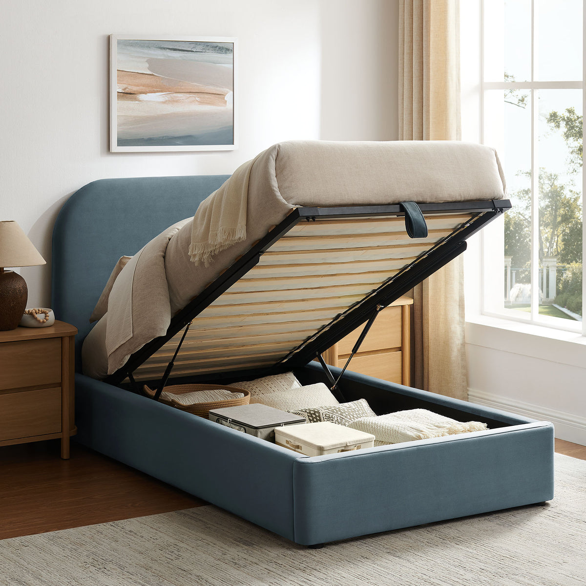Keynote Twin Performance Velvet Storage Platform Bed Frame - Cadet Blue