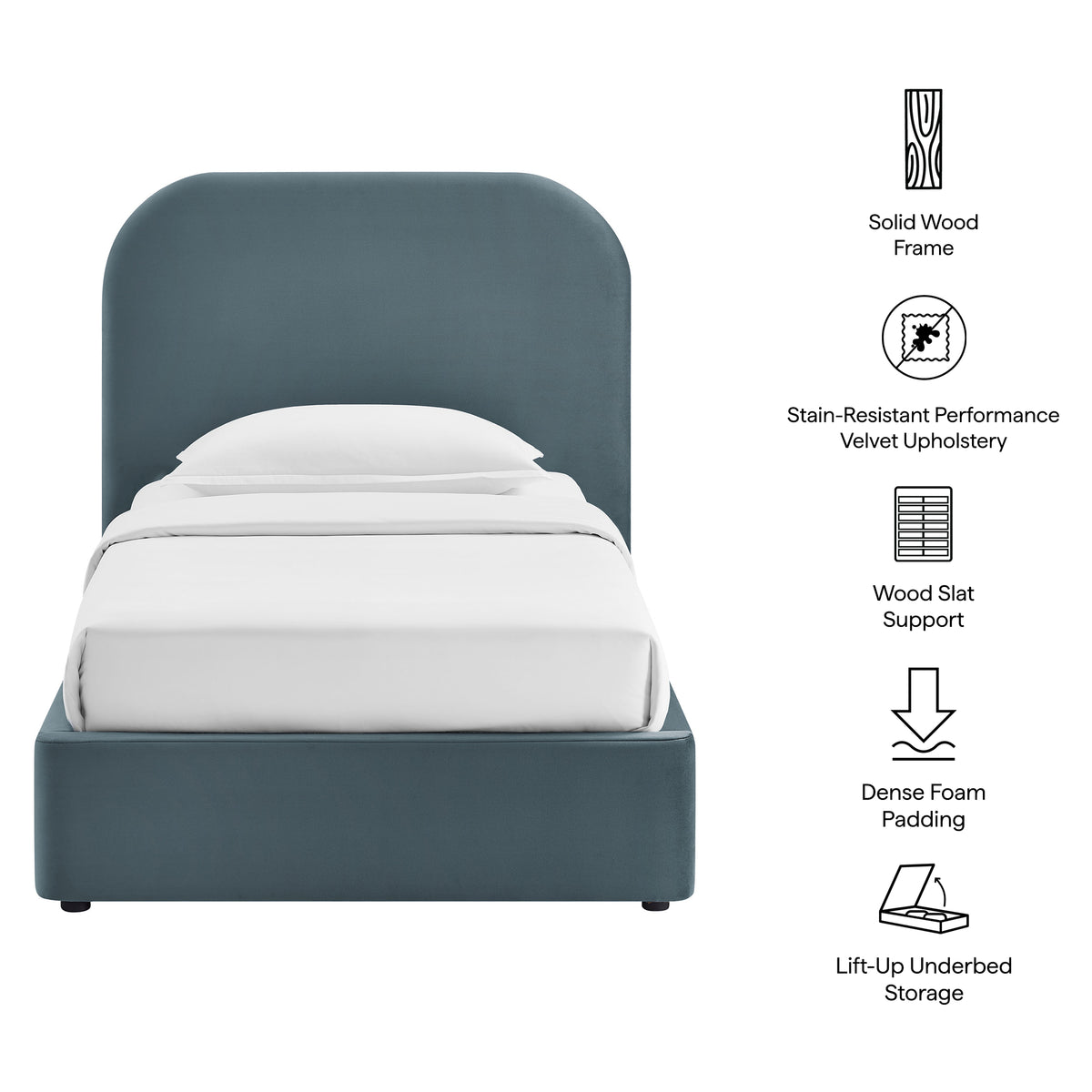 Keynote Twin Performance Velvet Storage Platform Bed Frame - Cadet Blue