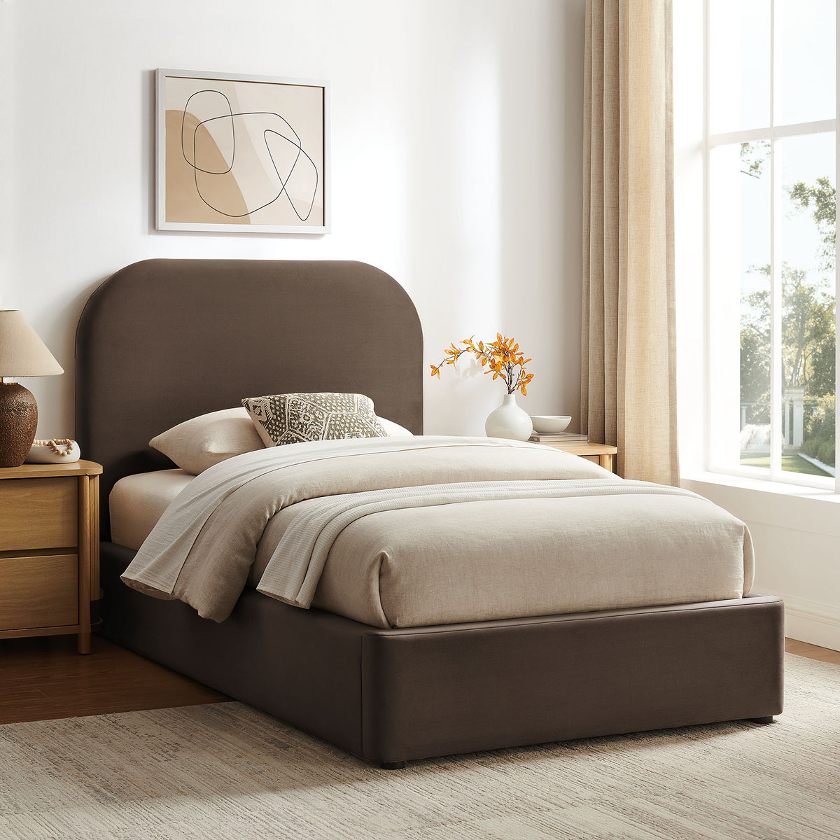 Keynote Twin Performance Velvet Storage Platform Bed Frame - Chocolate Brown