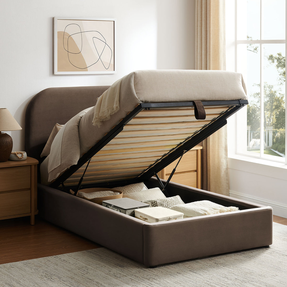 Keynote Twin Performance Velvet Storage Platform Bed Frame - Chocolate Brown