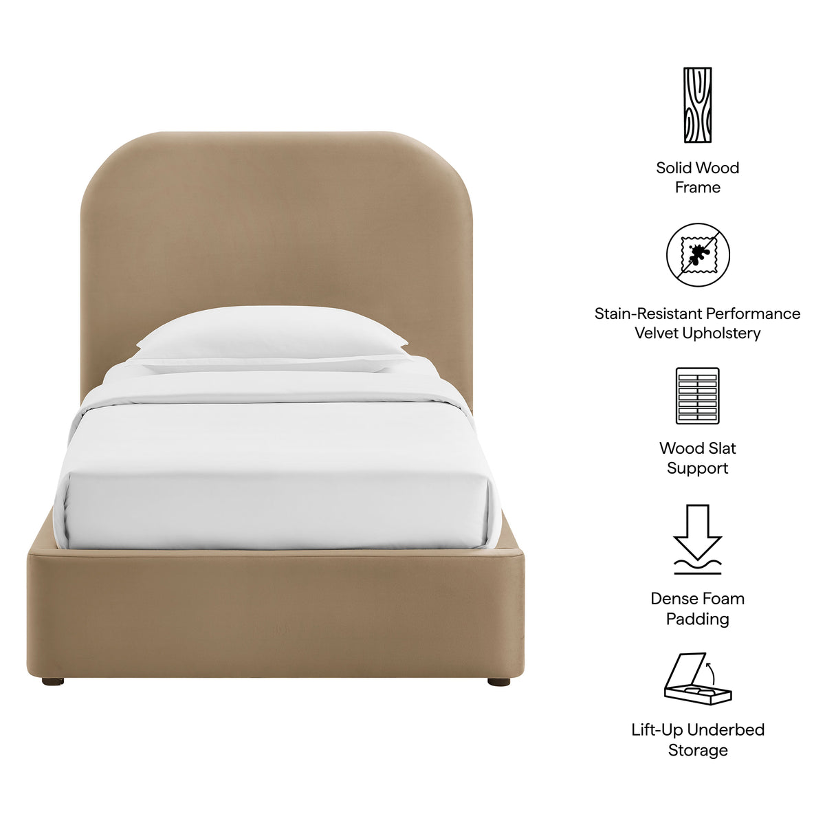 Keynote Twin Performance Velvet Storage Platform Bed Frame - Taupe