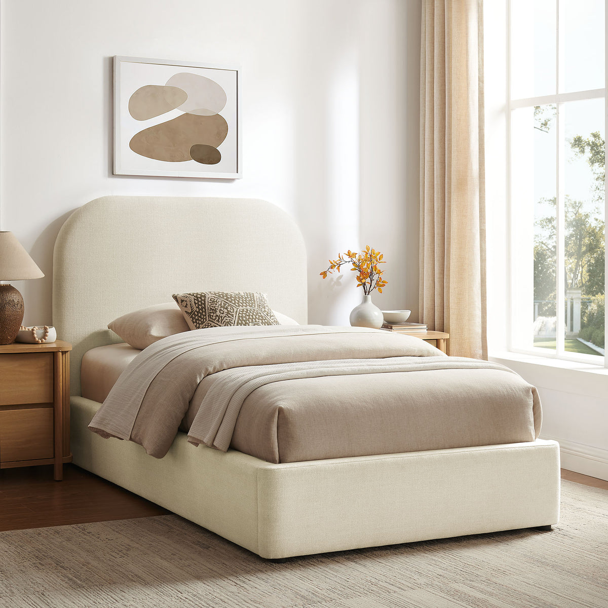 Keynote Twin Fabric Upholstered Storage Platform Bed Frame - Ecru