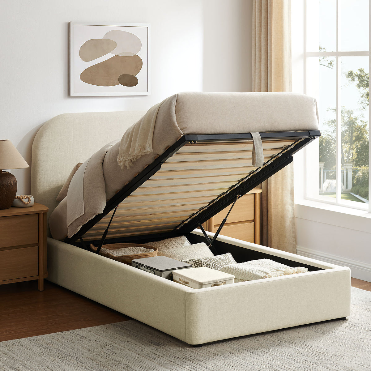 Keynote Twin Fabric Upholstered Storage Platform Bed Frame - Ecru