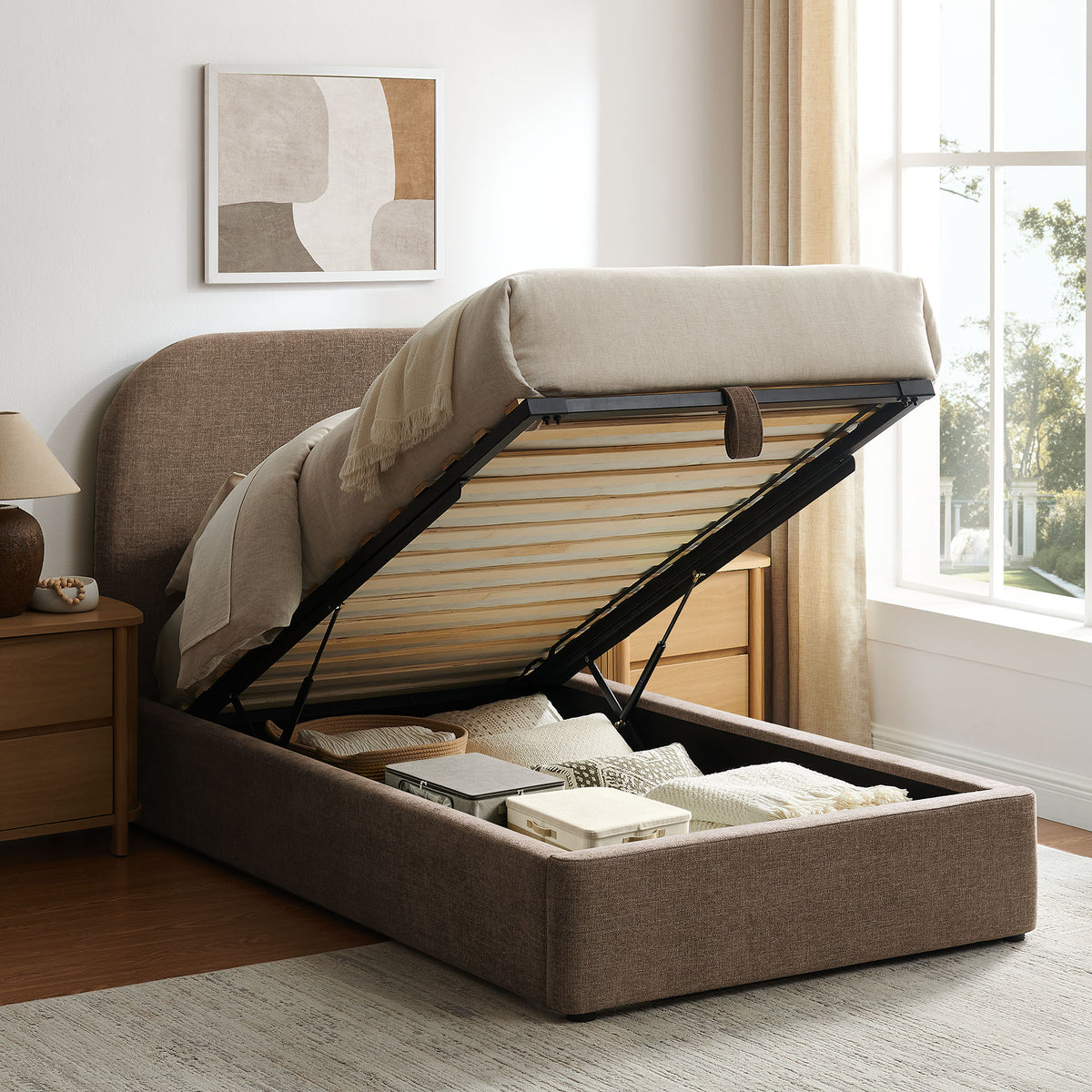 Keynote Twin Fabric Upholstered Storage Platform Bed Frame - Mocha