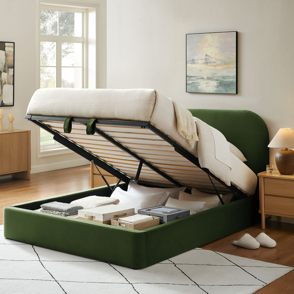 Keynote Full Performance Velvet Storage Platform Bed Frame - Moss Green